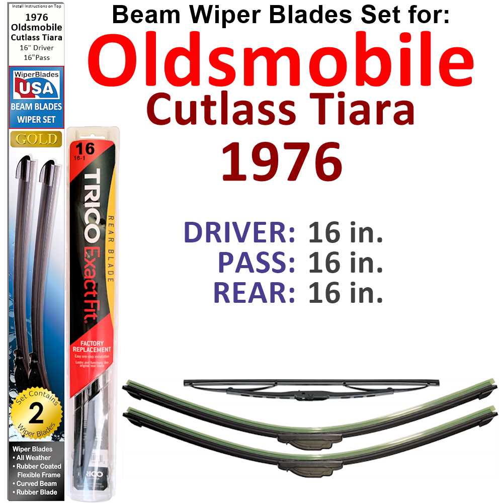 Set of 3 Beam Wiper Blades designed for 1976 Oldsmobile Cutlass Tiara, showcasing their flexible and durable design.