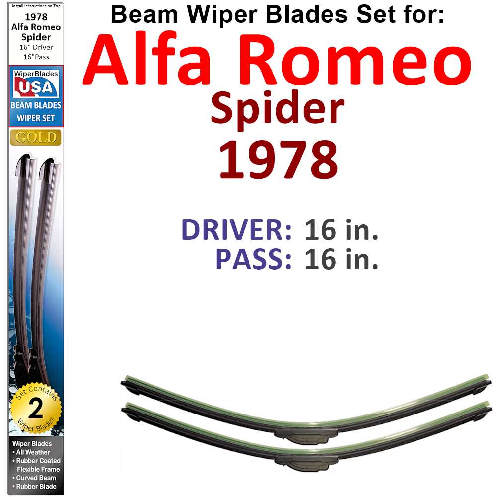 Set of two Beam Wiper Blades for 1978 Alfa Romeo Spider, showcasing their sleek design and durable construction.