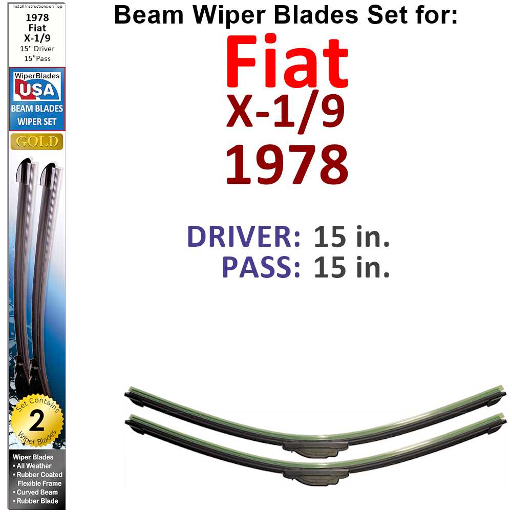 Set of two Beam Wiper Blades designed for 1978 Fiat X-1/9, showcasing their flexible and durable construction.
