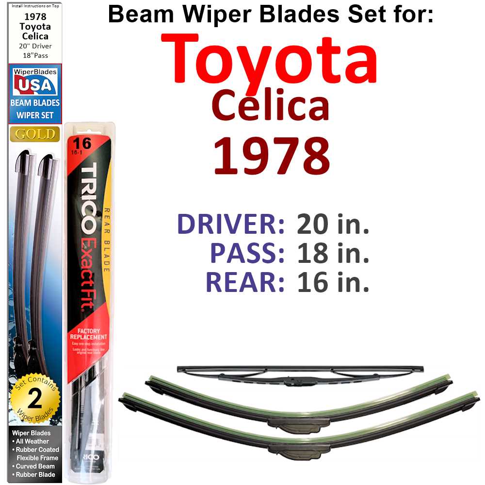 Set of 3 Beam Wiper Blades designed for 1978 Toyota Celica, showcasing their flexible and durable design.