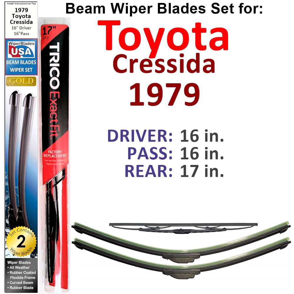 Set of 3 Beam Wiper Blades designed for 1979 Toyota Cressida, showcasing their flexible and durable construction.