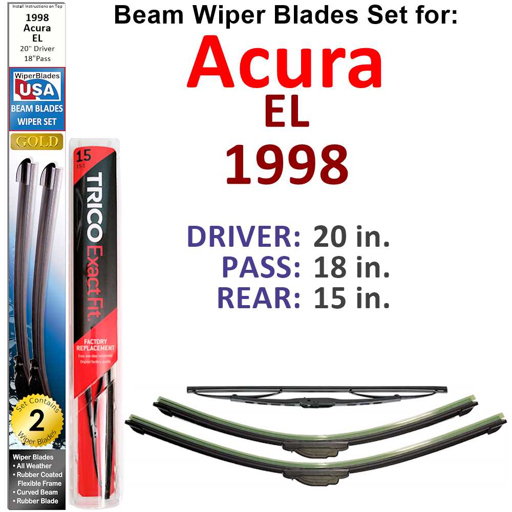 Set of 3 Beam Wiper Blades designed for 1998 Acura EL, showcasing their flexible and durable construction.