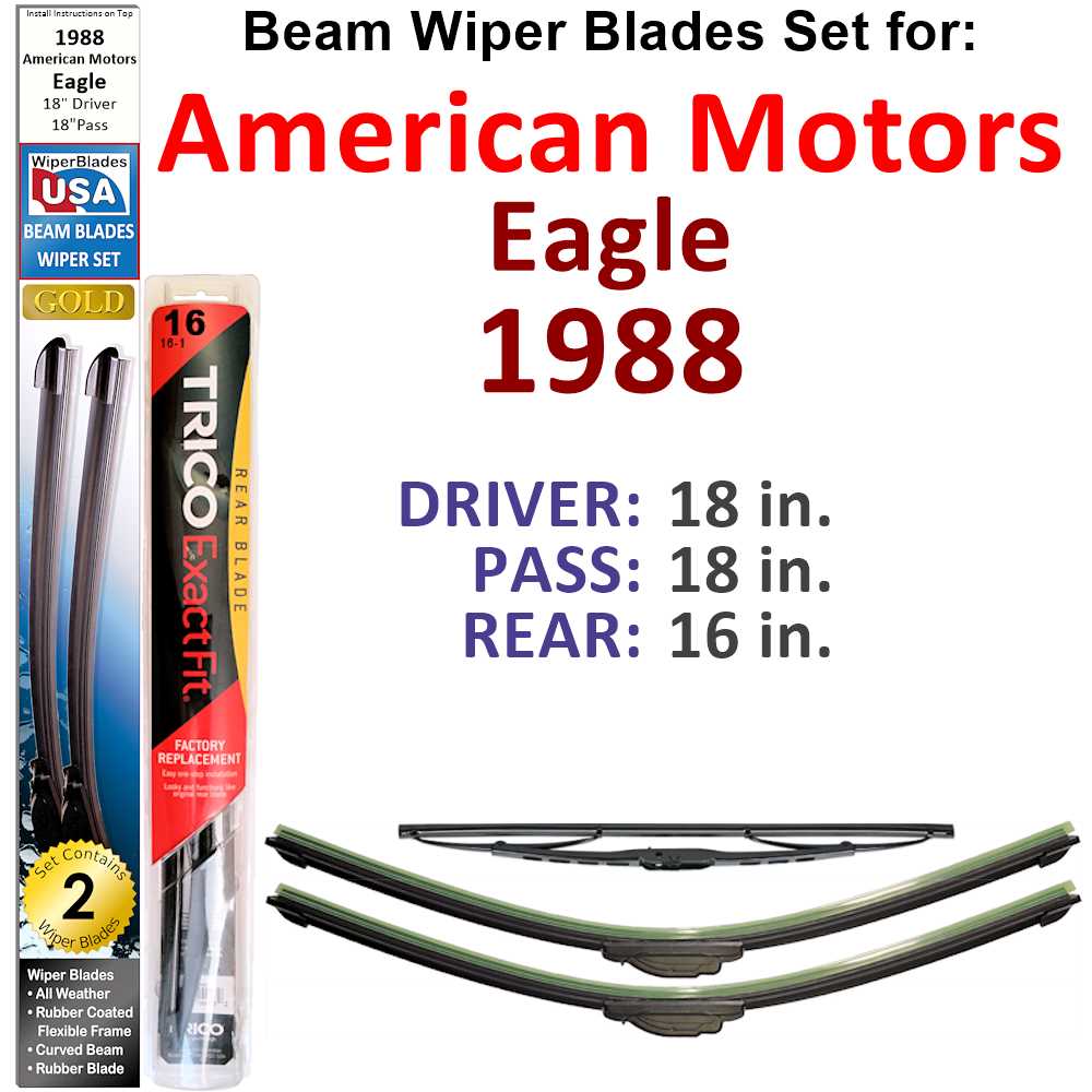 Set of 3 Beam Wiper Blades designed for 1988 American Motors Eagle, showcasing their flexible and durable design.