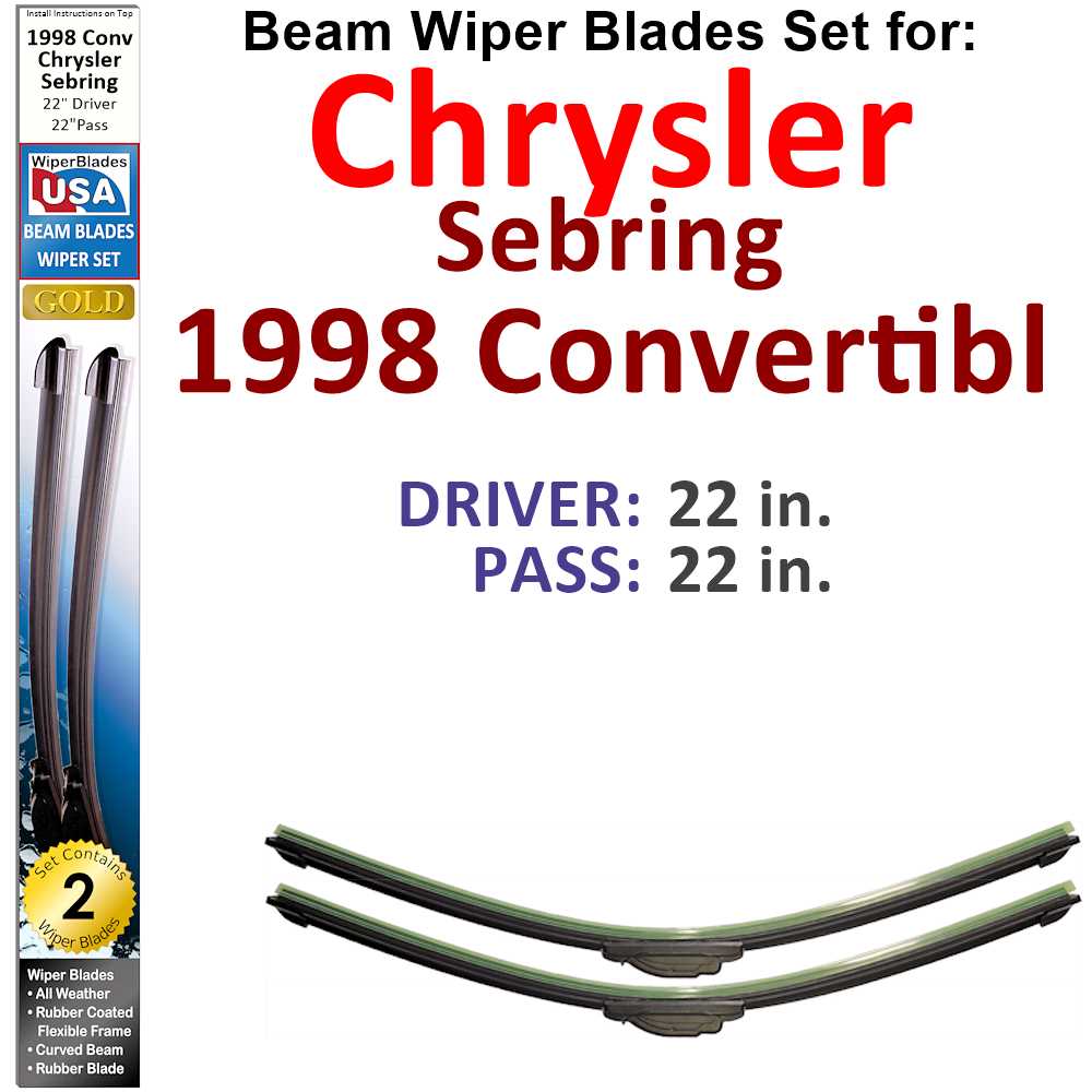 Set of two Beam Wiper Blades designed for 1998 Chrysler Sebring Convertible, showcasing their flexible and durable construction.