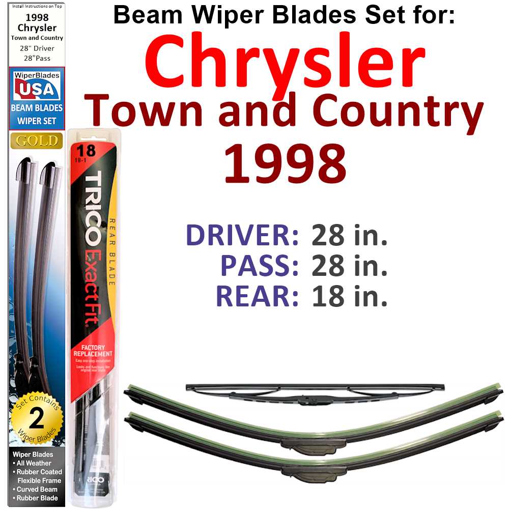Set of 3 Beam Wiper Blades designed for 1998 Chrysler Town and Country, showcasing their flexible and durable construction.