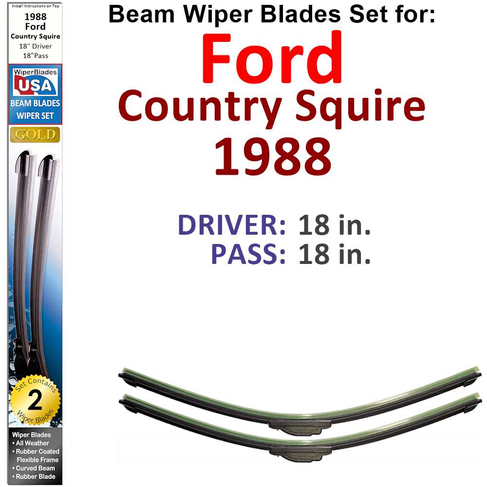 Set of 2 Beam Wiper Blades designed for 1988 Ford Country Squire, showcasing their flexible and sealed design for optimal performance.