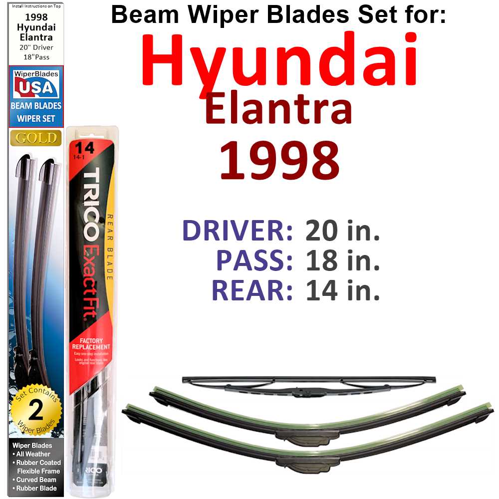 Set of 3 Beam Wiper Blades designed for 1998 Hyundai Elantra, showcasing their flexible and durable construction.