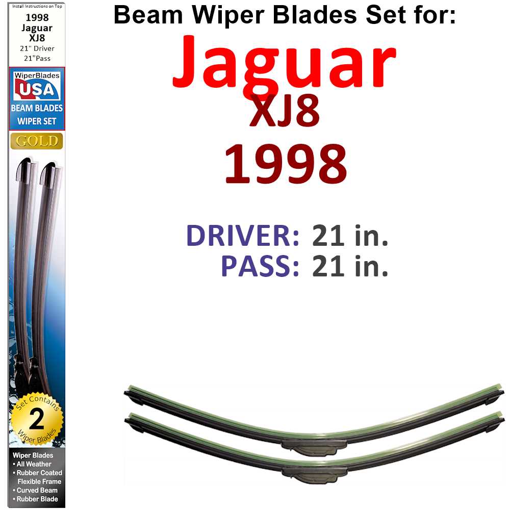 Set of 2 Beam Wiper Blades designed for 1998 Jaguar XJ8, showcasing their sleek design and rubber-encased metal spine.
