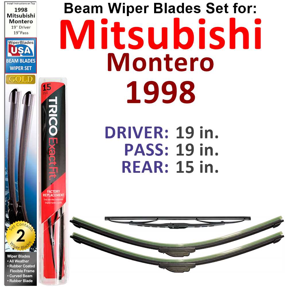 Set of three Beam Wiper Blades designed for 1998 Mitsubishi Montero, showcasing their flexible and durable construction.