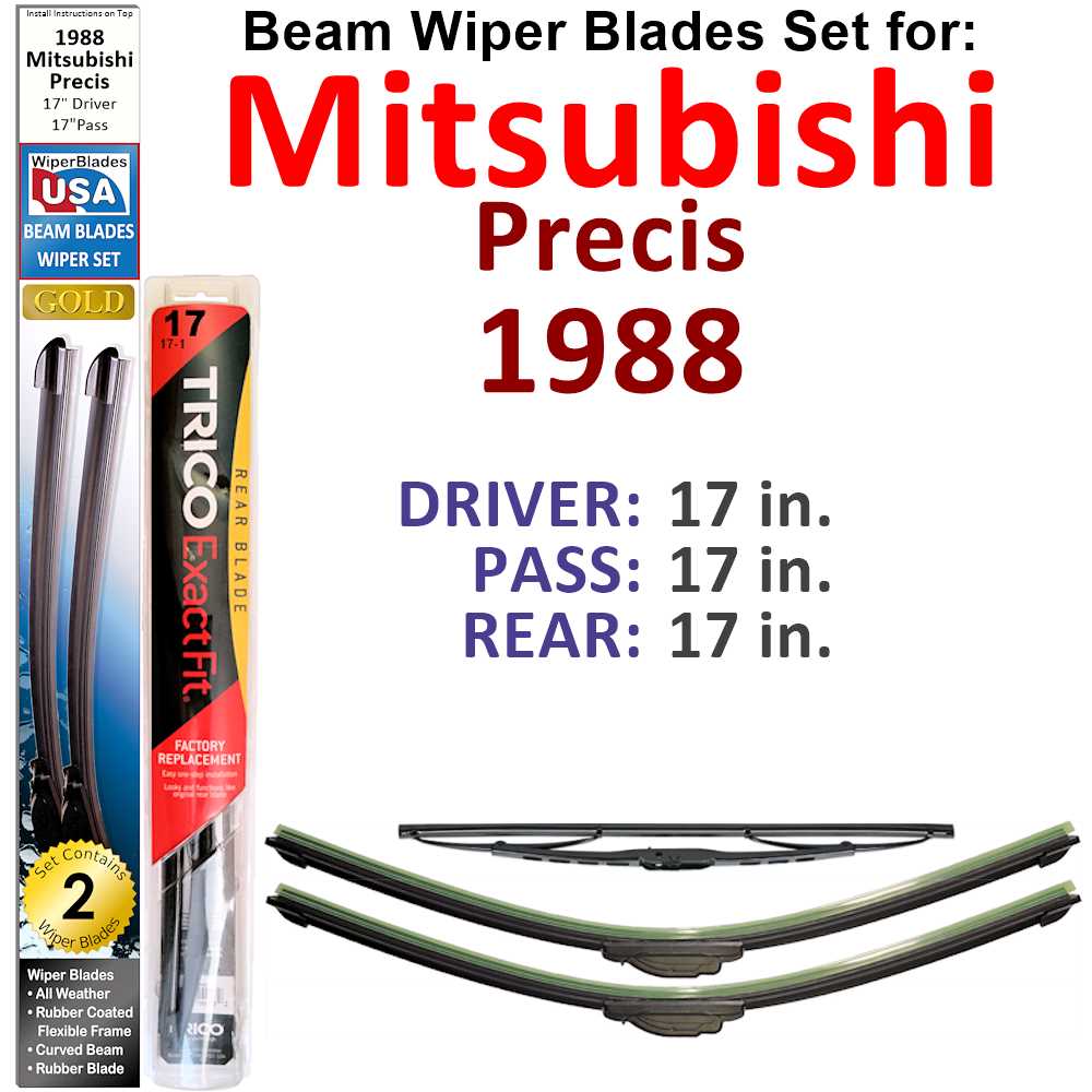 Set of 3 Beam Wiper Blades designed for 1988 Mitsubishi Precis, showcasing their flexible and durable construction.