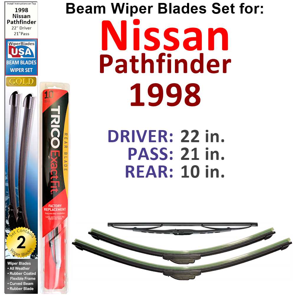 Set of 3 Beam Wiper Blades designed for 1998 Nissan Pathfinder, showcasing their flexible and durable construction.
