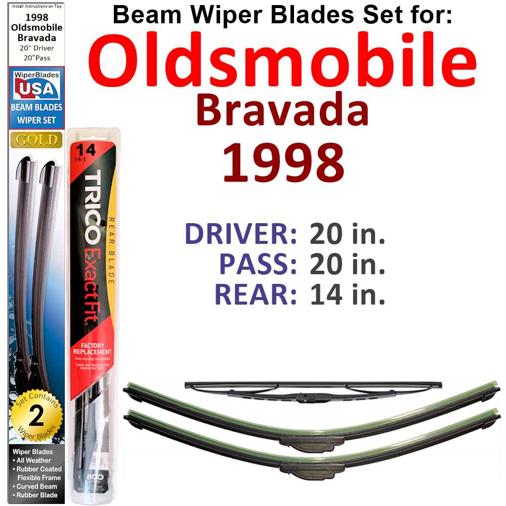 Set of 3 Beam Wiper Blades designed for 1998 Oldsmobile Bravada, showcasing their flexible and durable construction.