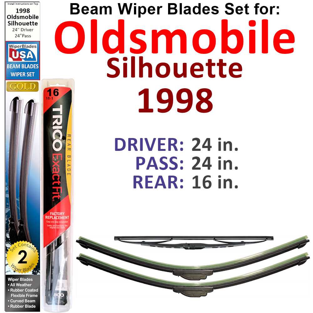 Set of 3 Beam Wiper Blades designed for 1998 Oldsmobile Silhouette, showcasing their flexible and sealed design for optimal windshield contact.