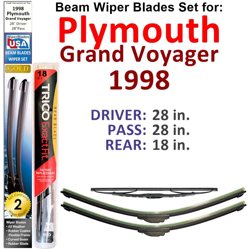 Set of 3 Beam Wiper Blades designed for 1998 Plymouth Grand Voyager, showcasing their flexible and durable construction.