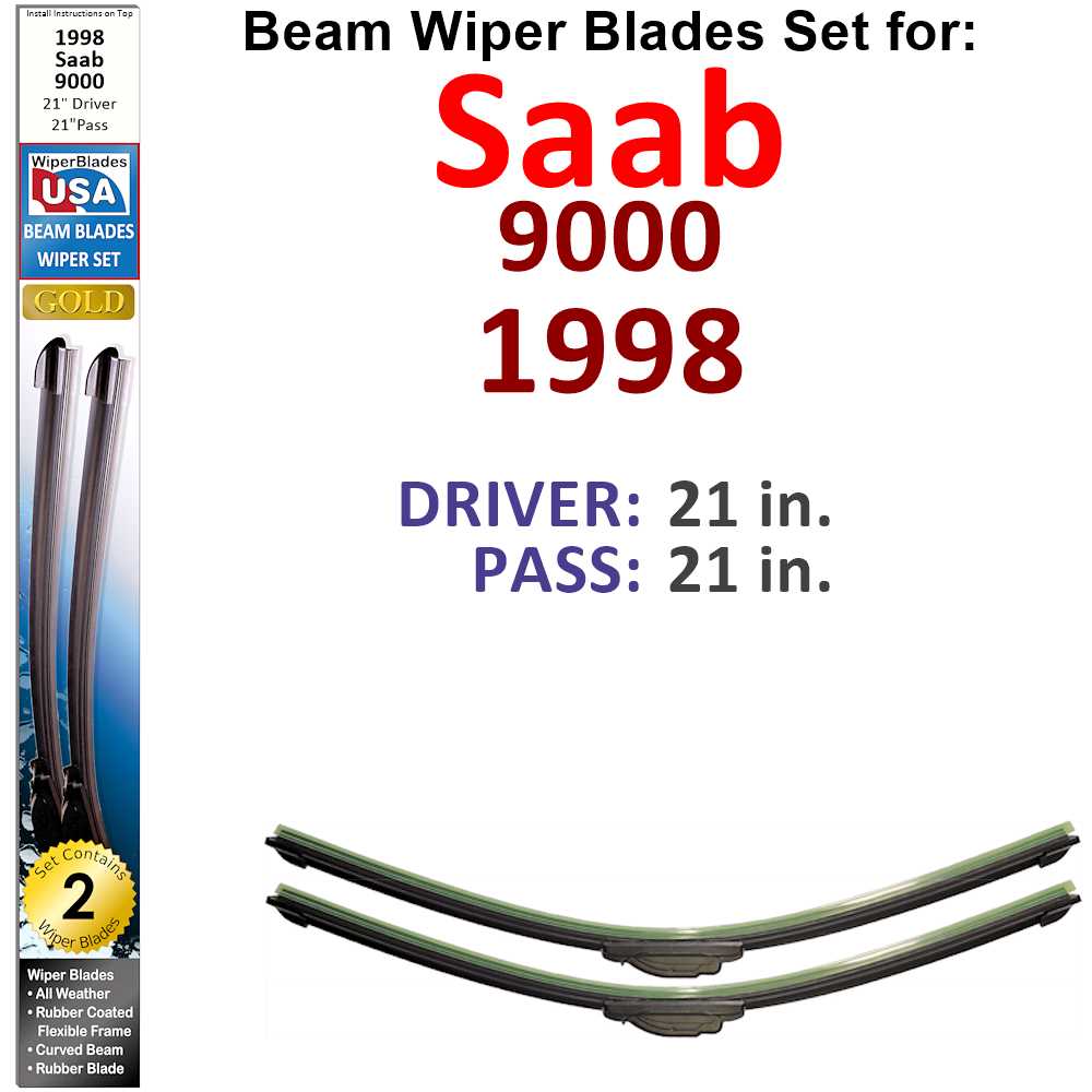 Set of two Beam Wiper Blades designed for 1998 Saab 9000, showcasing their flexible and durable construction.