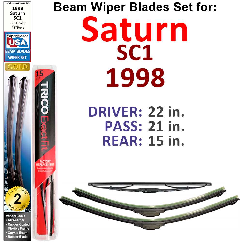 Set of 3 Beam Wiper Blades designed for 1998 Saturn SC1, showcasing their flexible and durable construction.