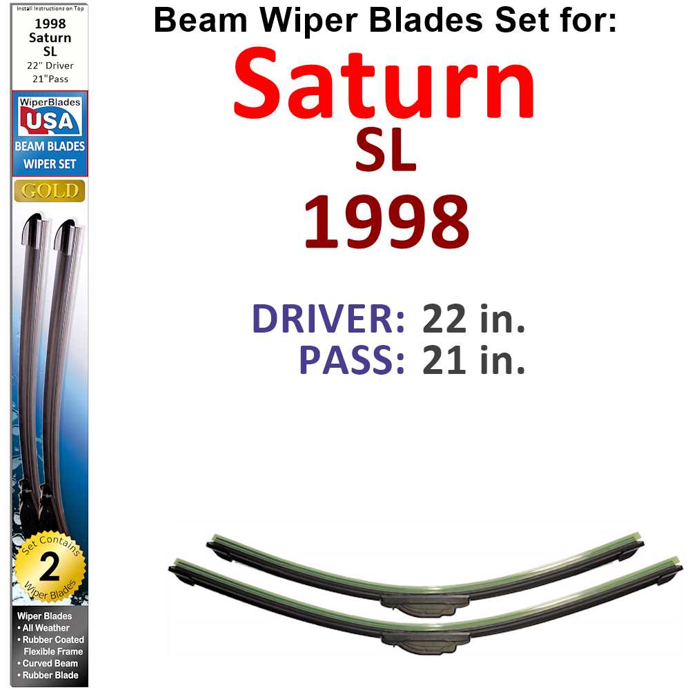 Set of 2 Beam Wiper Blades designed for 1998 Saturn SL, showcasing their flexible and durable construction.