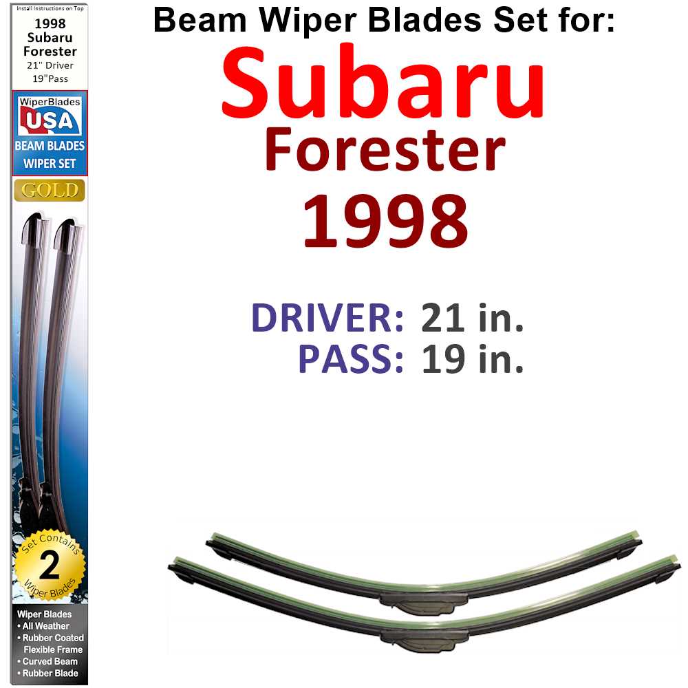 Set of 2 Beam Wiper Blades designed for 1998 Subaru Forester, showcasing their flexible and durable design.