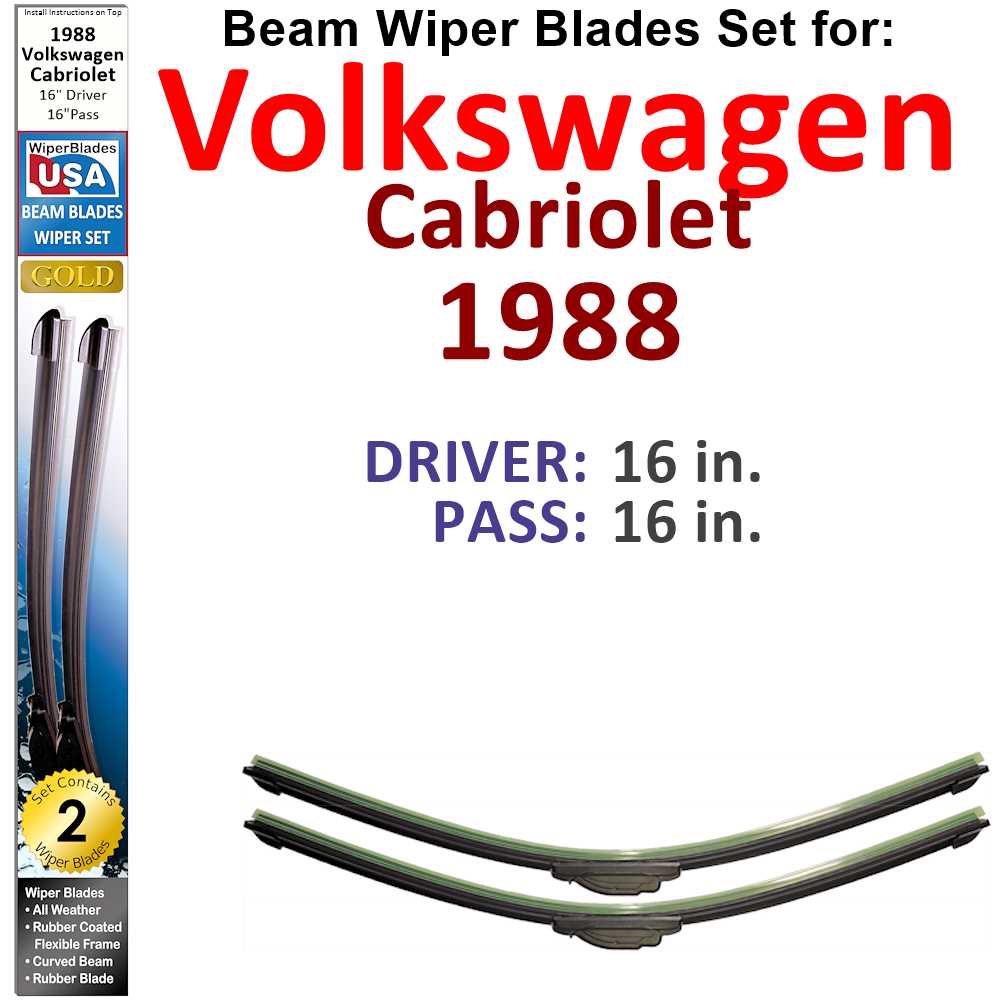Set of 2 Beam Wiper Blades designed for 1988 Volkswagen Cabriolet, showcasing their flexible and durable construction.