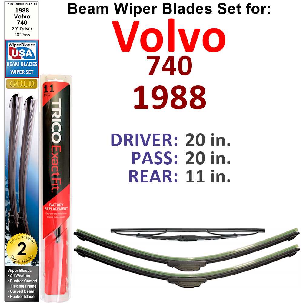 Set of 3 Beam Wiper Blades designed for 1988 Volvo 740, showcasing their flexible and durable construction.