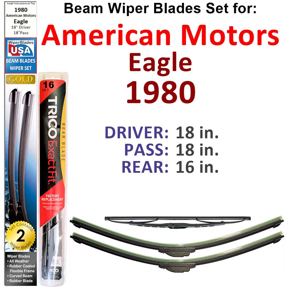 Set of 3 Beam Wiper Blades designed for 1980 American Motors Eagle, showcasing their flexible and durable construction.