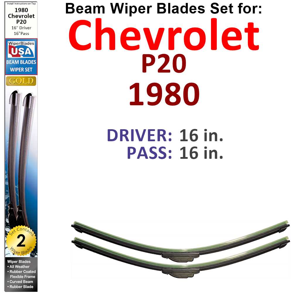 Set of 2 Beam Wiper Blades designed for 1980 Chevrolet P20, showcasing their flexible and sealed construction for optimal windshield cleaning.