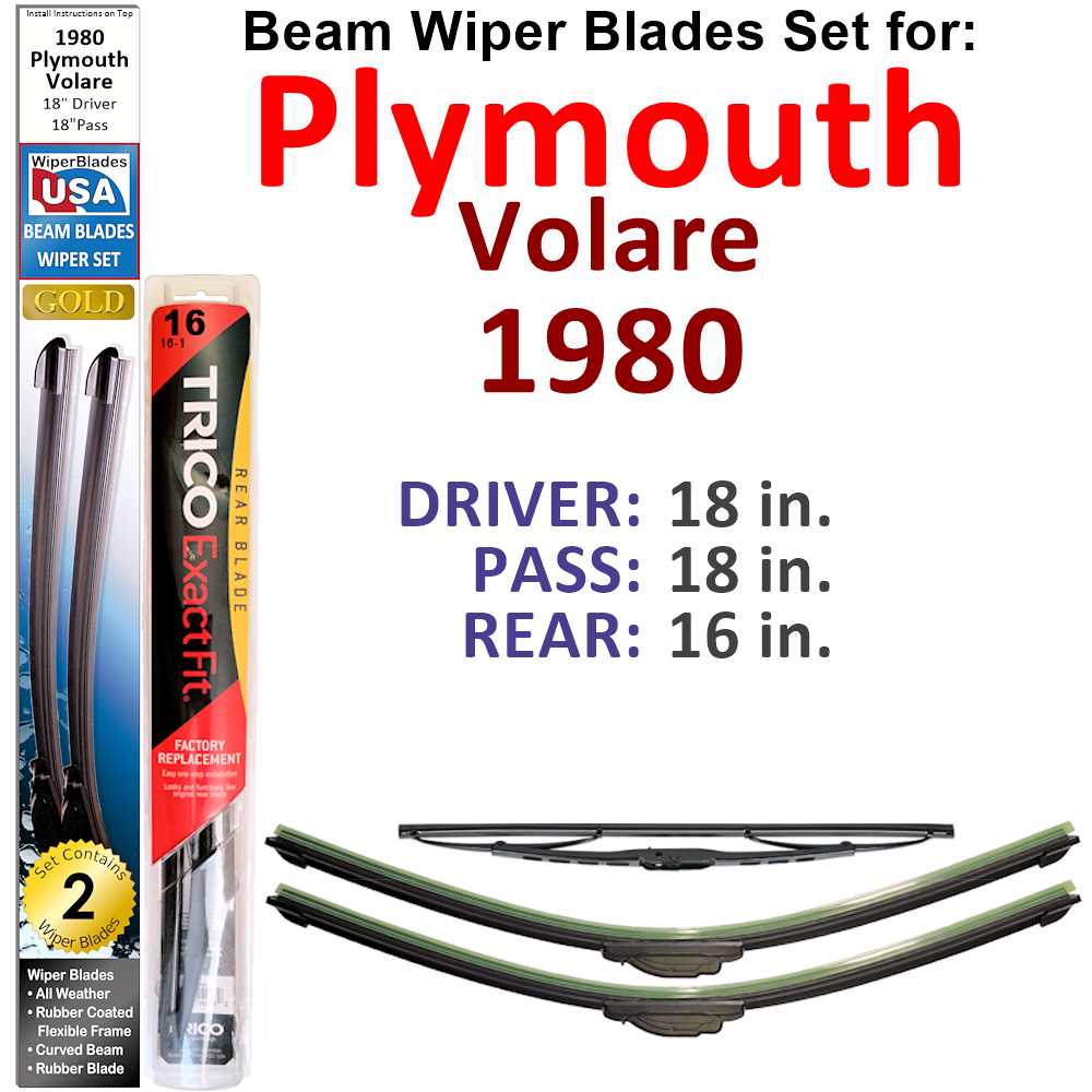 Set of 3 Beam Wiper Blades designed for 1980 Plymouth Volare, showcasing their sleek low-profile design and durable construction.