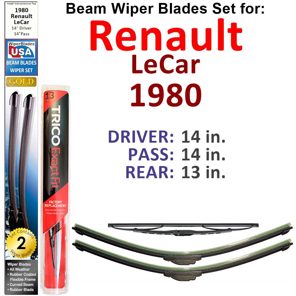 Set of 3 Beam Wiper Blades designed for 1980 Renault LeCar, showcasing their flexible and durable construction.