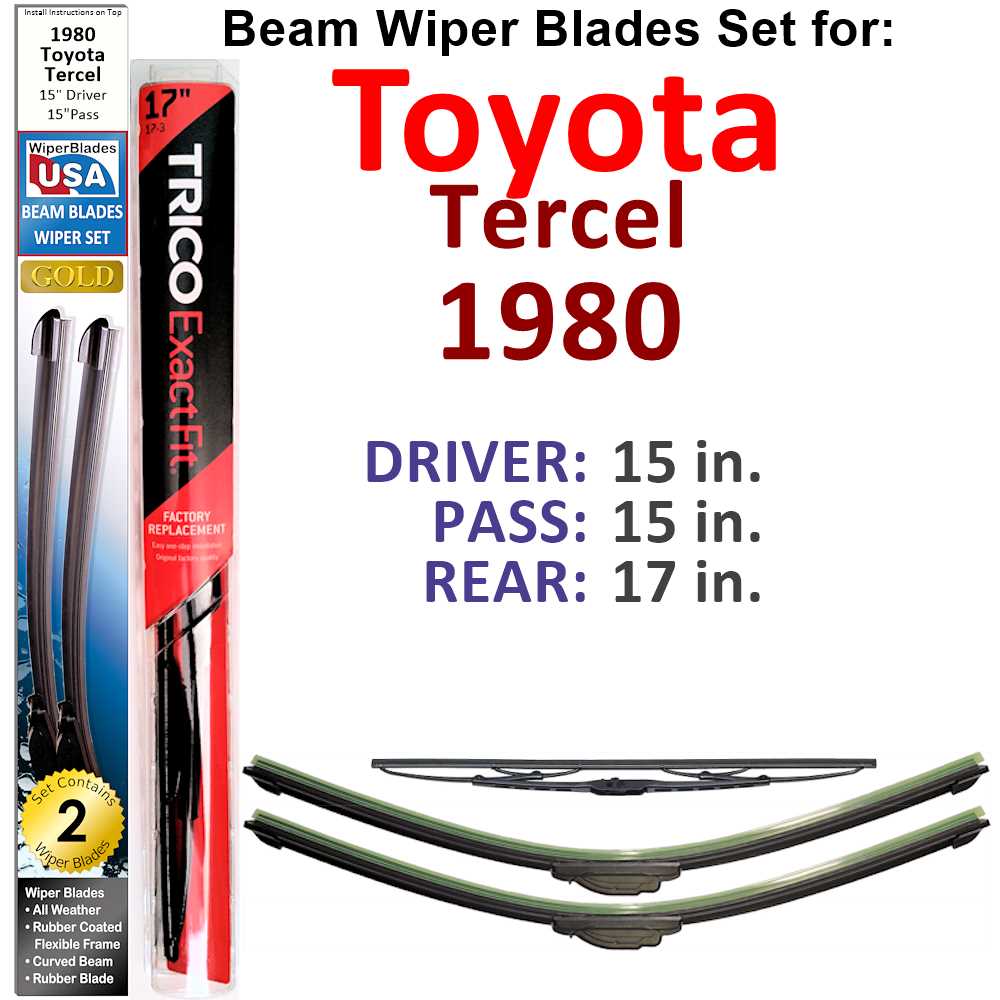 Set of 3 Beam Wiper Blades designed for 1980 Toyota Tercel, showcasing their flexible and durable construction.