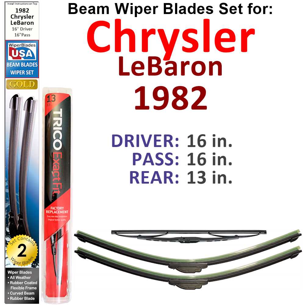 Set of 3 Beam Wiper Blades designed for 1982 Chrysler LeBaron, showcasing their flexible and durable construction.