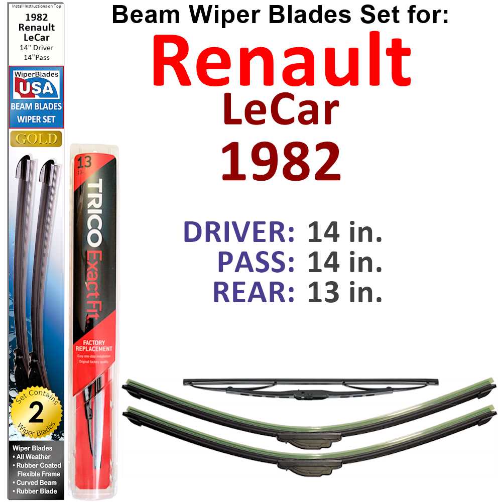 Set of 3 Beam Wiper Blades designed for 1982 Renault LeCar, showcasing their flexible and durable construction.