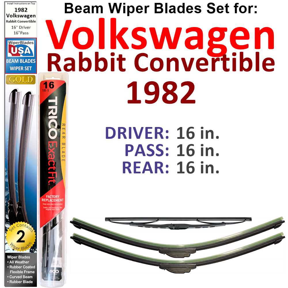Set of 3 Beam Wiper Blades for 1982 Volkswagen Rabbit Convertible, showcasing their flexible design and rubber-encased metal spine.