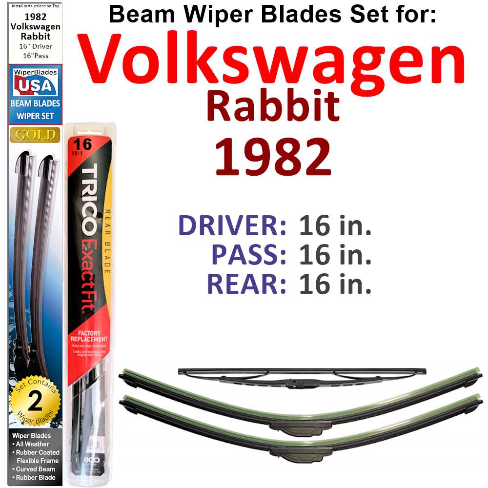 Set of 3 Beam Wiper Blades designed for 1982 Volkswagen Rabbit, showcasing their flexible and durable construction.