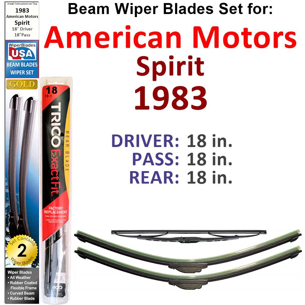Set of 3 Beam Wiper Blades designed for 1983 American Motors Spirit, showcasing their flexible and durable construction.
