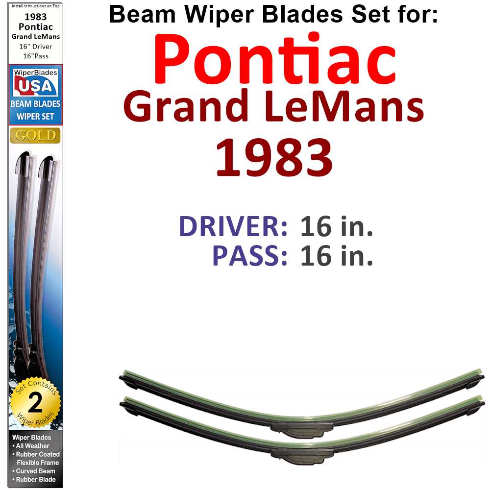 Set of two Beam Wiper Blades designed for 1983 Pontiac Grand LeMans, showcasing their flexible and durable design.