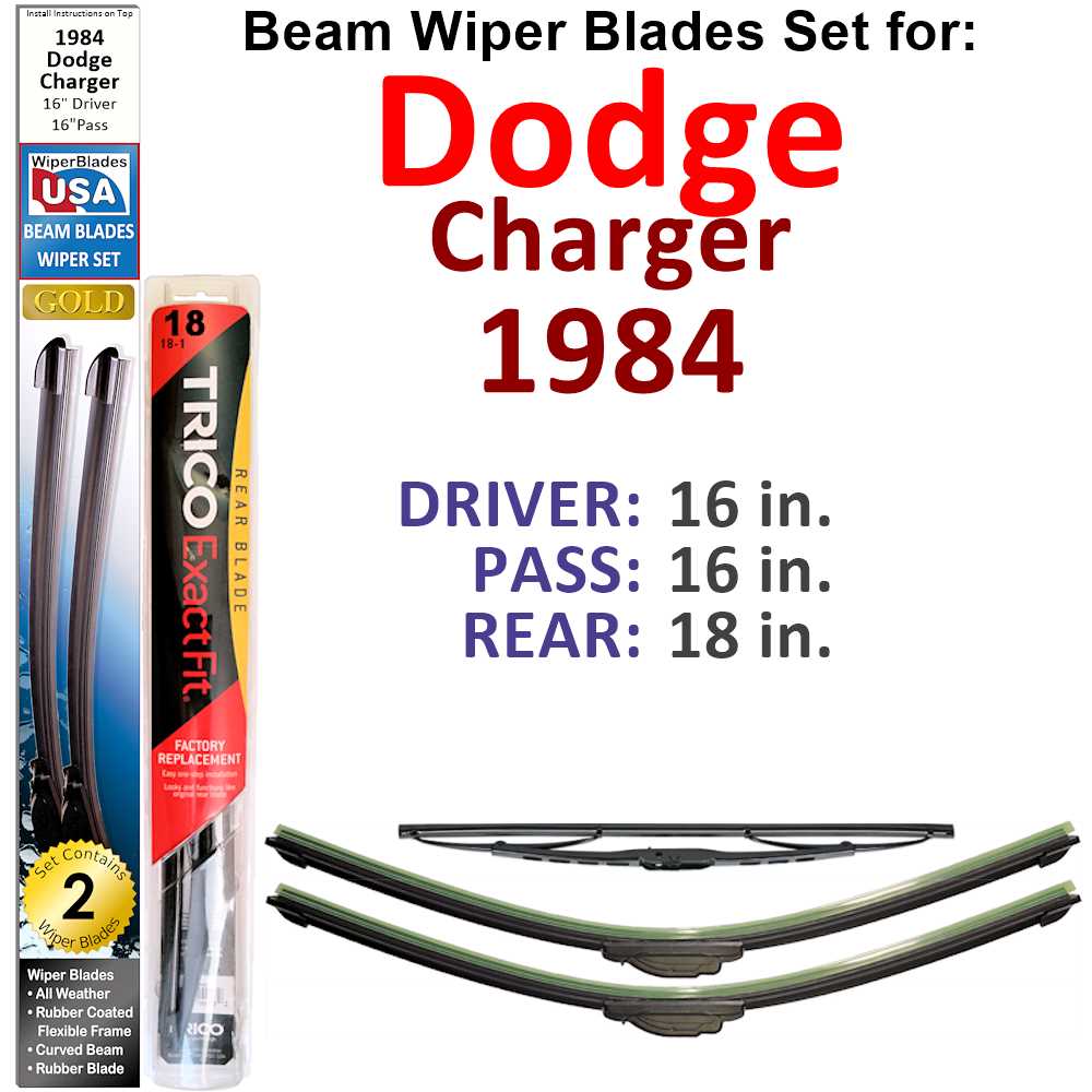 Set of 3 Beam Wiper Blades designed for 1984 Dodge Charger, showcasing their flexible and durable construction.