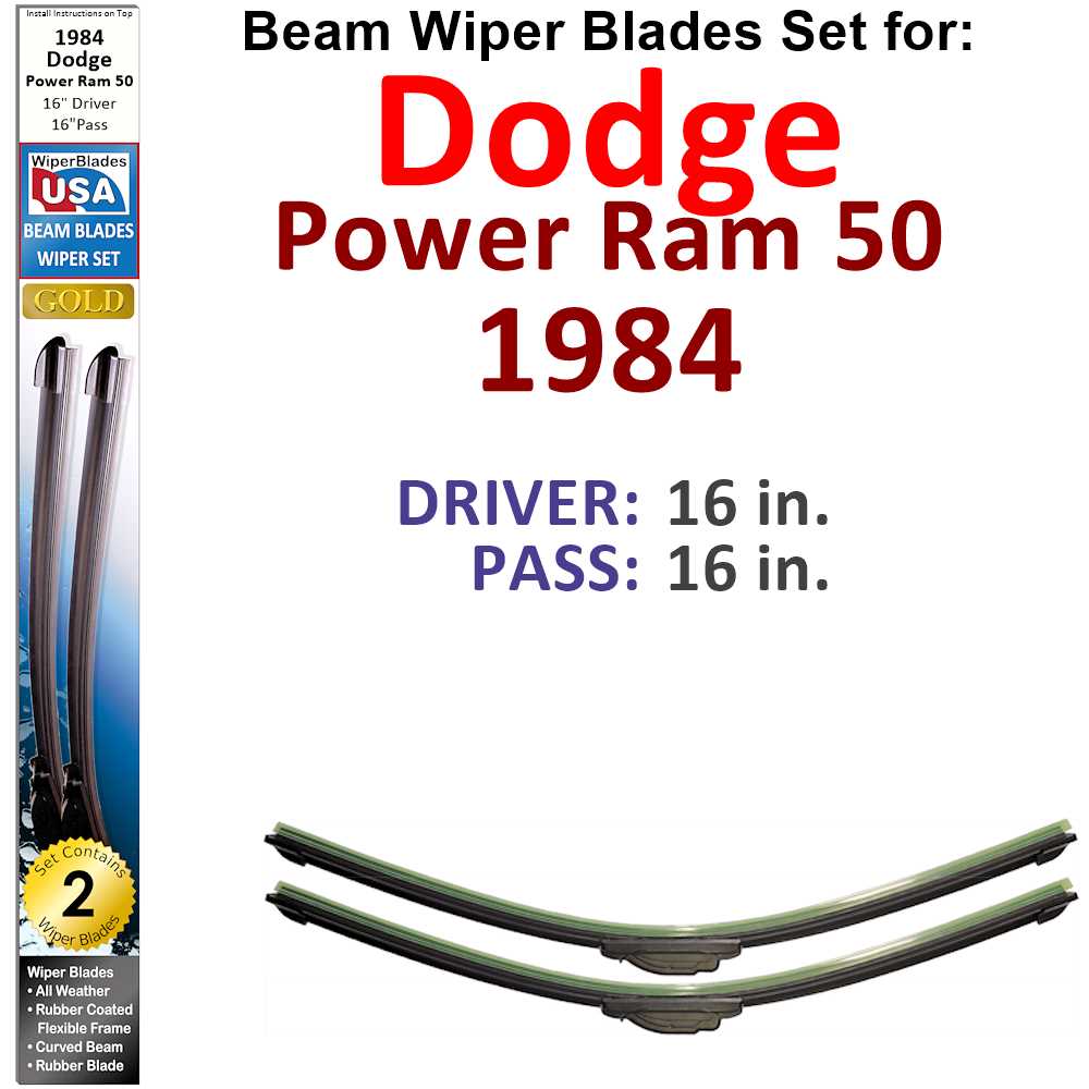 Set of two Beam Wiper Blades designed for 1984 Dodge Power Ram 50, showcasing their flexible and low-profile design.