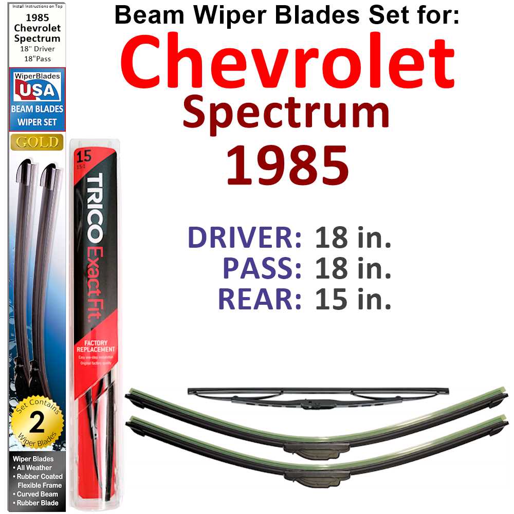 Set of 3 Beam Wiper Blades for 1985 Chevrolet Spectrum, showcasing their flexible design and durable rubber construction.