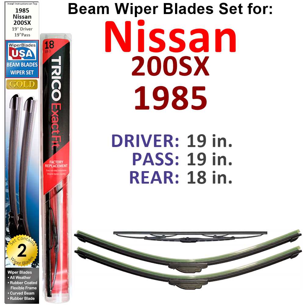 Set of 3 Beam Wiper Blades designed for 1985 Nissan 200SX, showcasing their flexible and sealed construction for optimal performance.