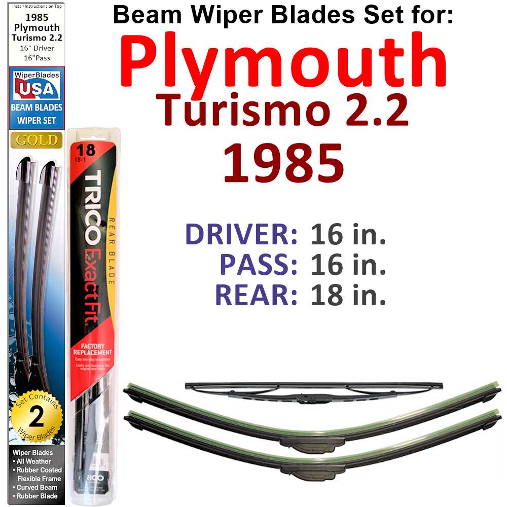 Set of 3 Beam Wiper Blades designed for 1985 Plymouth Turismo 2.2, showcasing their flexible and durable construction.