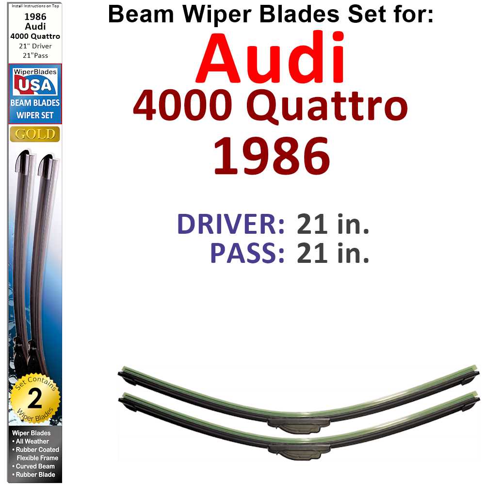 Set of two Beam Wiper Blades designed for 1986 Audi 4000 Quattro, showcasing their flexible and durable construction.