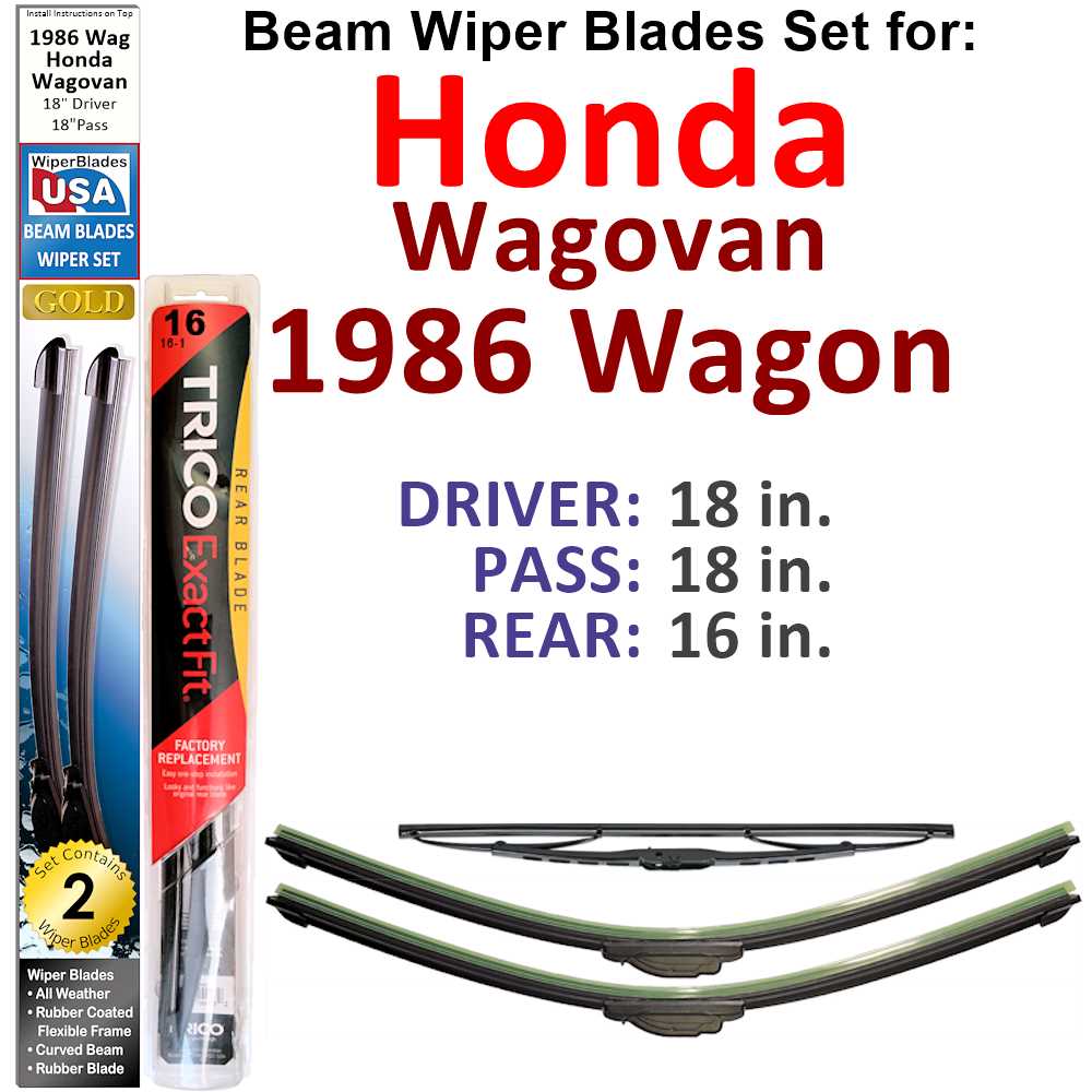 Set of 3 Beam Wiper Blades designed for 1986 Honda Wagovan Wagon, showcasing their flexible and durable design.