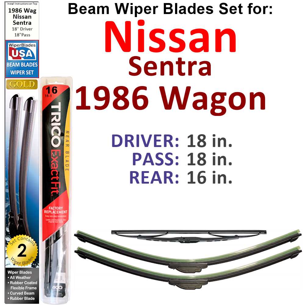 Set of 3 Beam Wiper Blades designed for 1986 Nissan Sentra Wagon, showcasing their flexible and durable design.