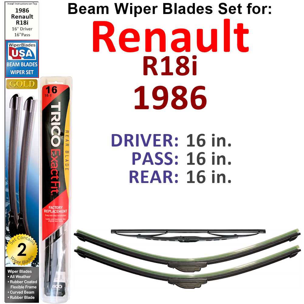 Set of 3 Beam Wiper Blades designed for 1986 Renault R18i, showcasing their flexible and sealed construction for optimal performance.