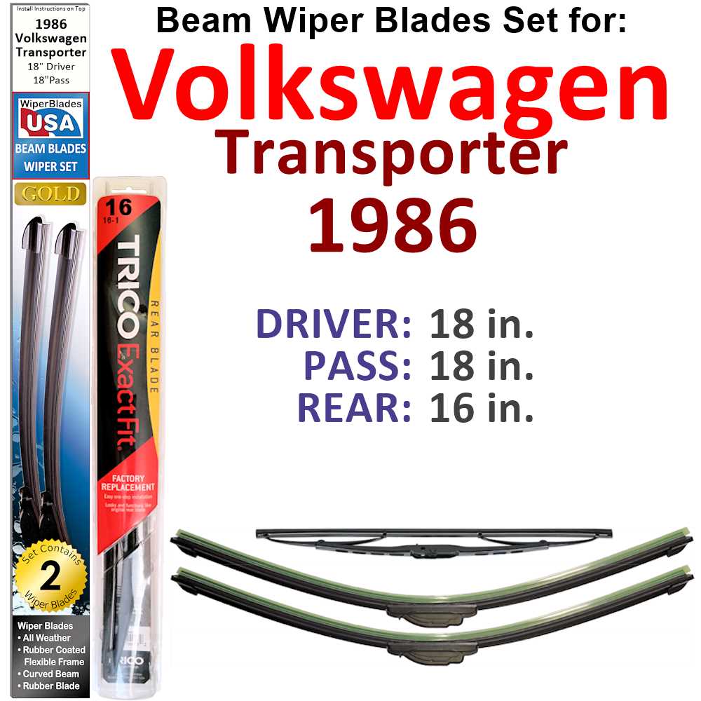 Set of 3 Beam Wiper Blades designed for 1986 Volkswagen Transporter, showcasing their flexible and durable construction.