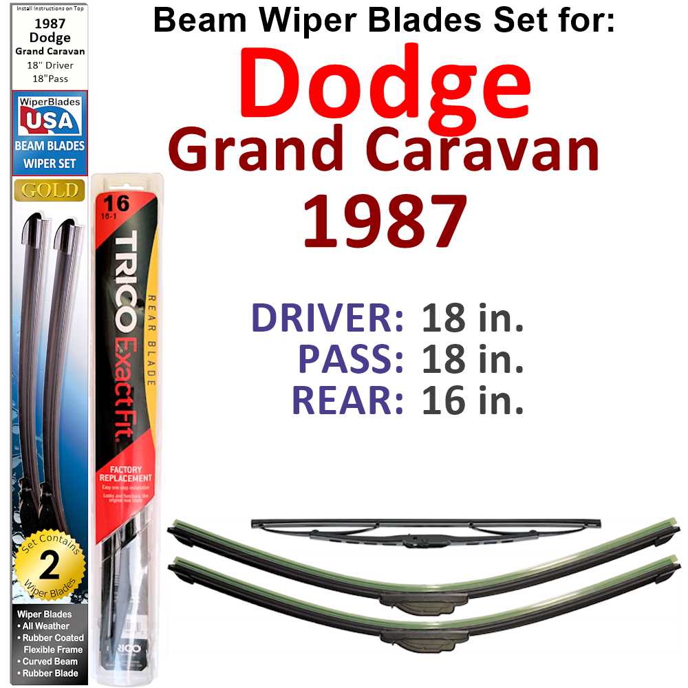 Set of 3 Beam Wiper Blades designed for 1987 Dodge Grand Caravan, showcasing their flexible and durable design.