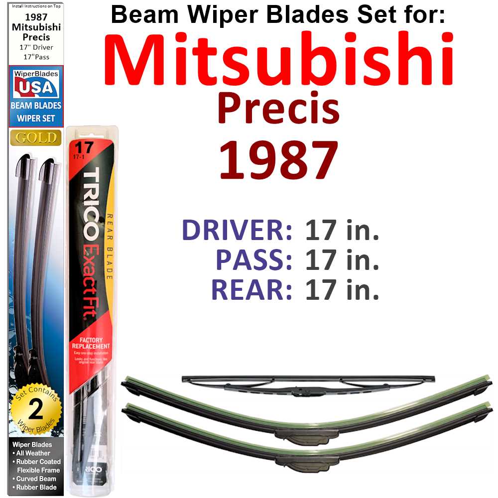 Set of 3 Beam Wiper Blades designed for 1987 Mitsubishi Precis, showcasing their flexible and sealed construction for optimal performance.
