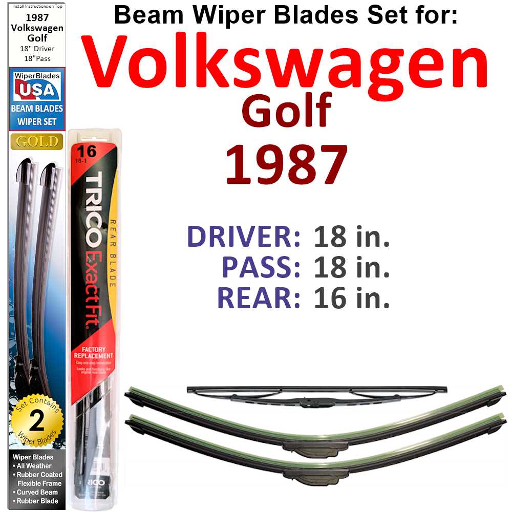 Set of 3 Beam Wiper Blades designed for 1987 Volkswagen Golf GTI, showcasing their flexible and durable construction.