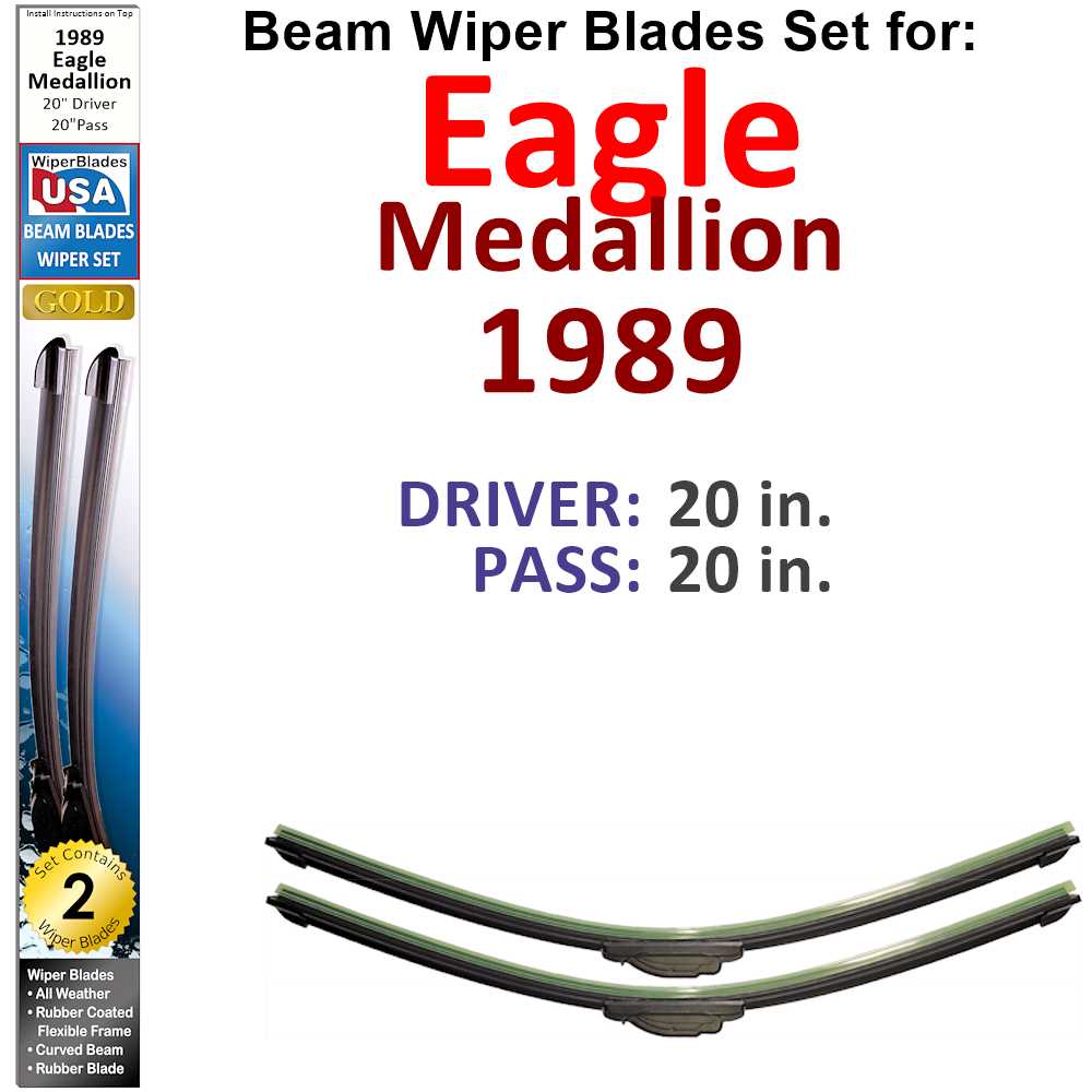 Set of 2 Beam Wiper Blades designed for 1989 Eagle Medallion, featuring a low-profile and flexible design for optimal windshield contact.