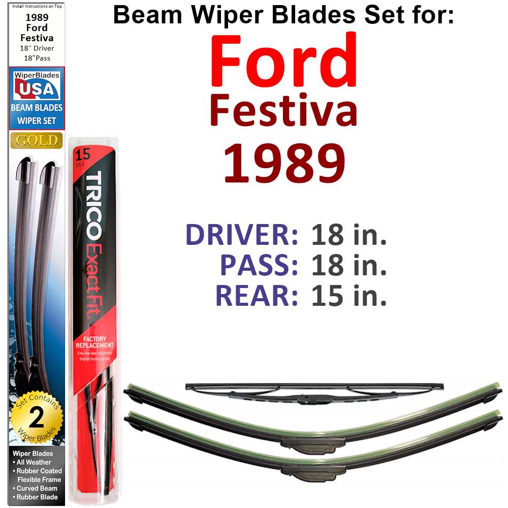 Set of 3 Beam Wiper Blades designed for 1989 Ford Festiva, showcasing their flexible and durable construction.